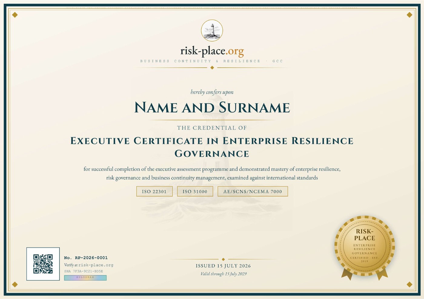 Executive Certificate in Enterprise Resilience Governance — sample certificate